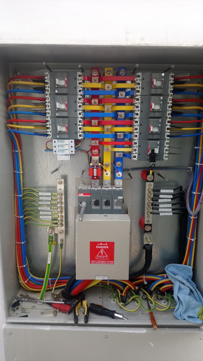 Distribution board with breakers and labelled sections